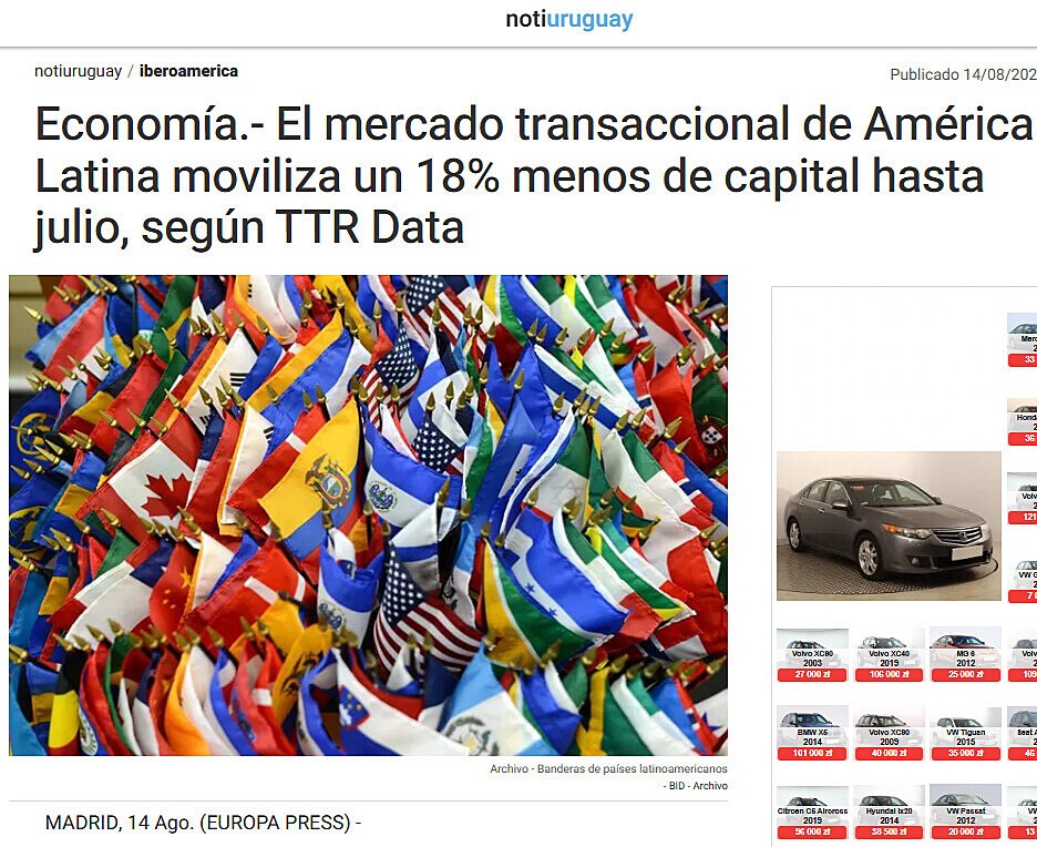 Economa.- El mercado transaccional de Amrica Latina moviliza un 18% menos de capital hasta julio, segn TTR Data